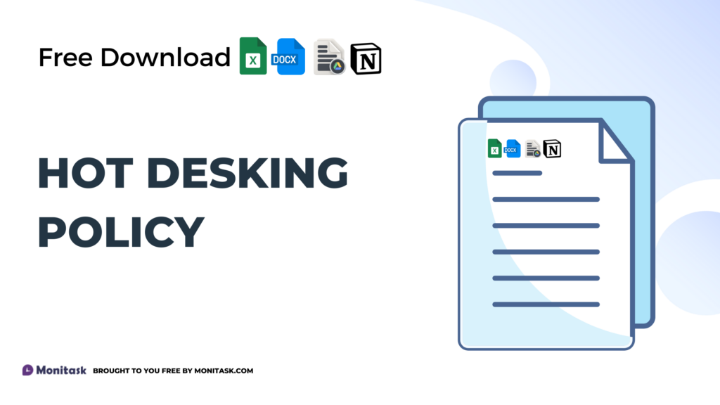 Hot desking policy template outlining workspace sharing guidelines in an office.