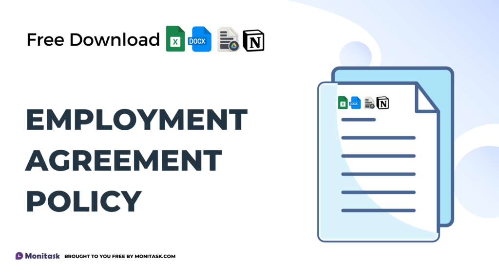 Employment agreement policy template covering contract terms between employer and employee.